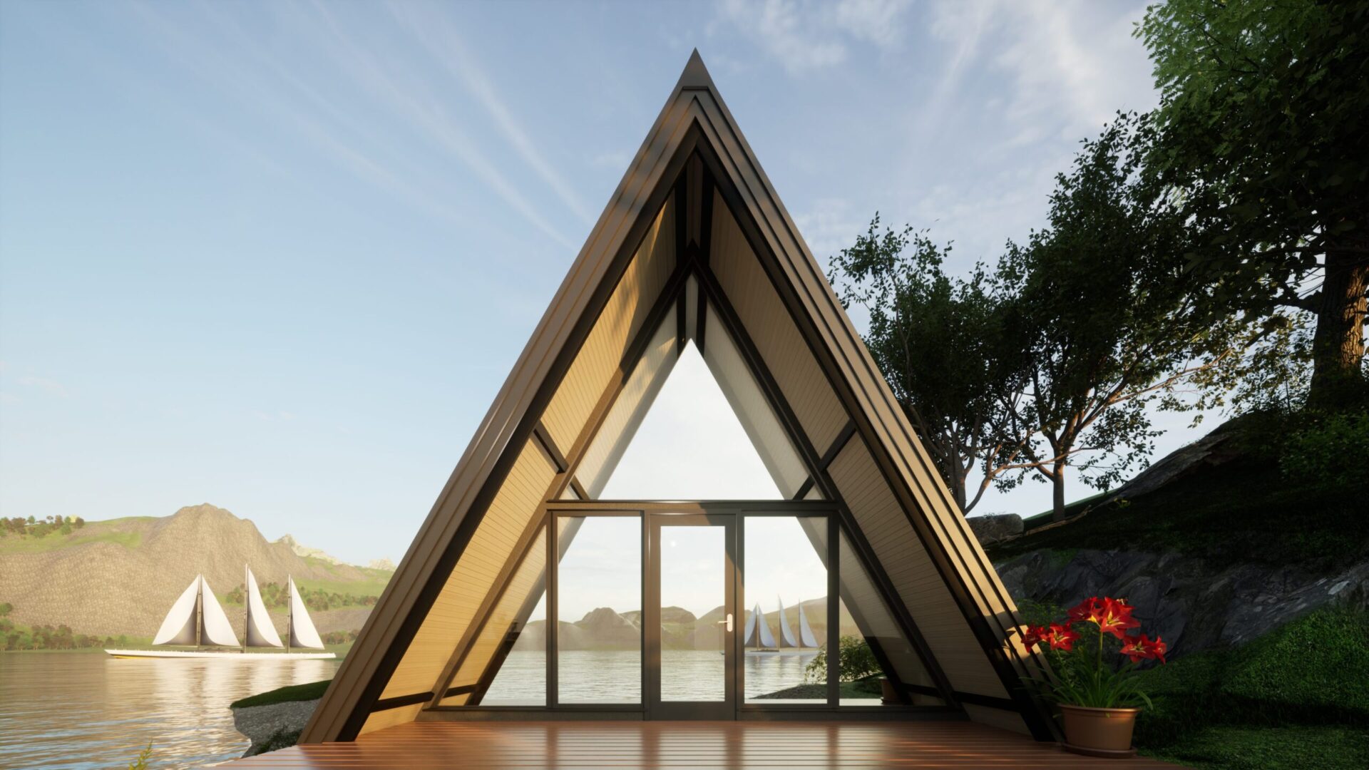 Drewniany domek A-frame z widokiem na jezioro i żaglówki, otoczony zielenią. Idealne miejsce na wypoczynek.