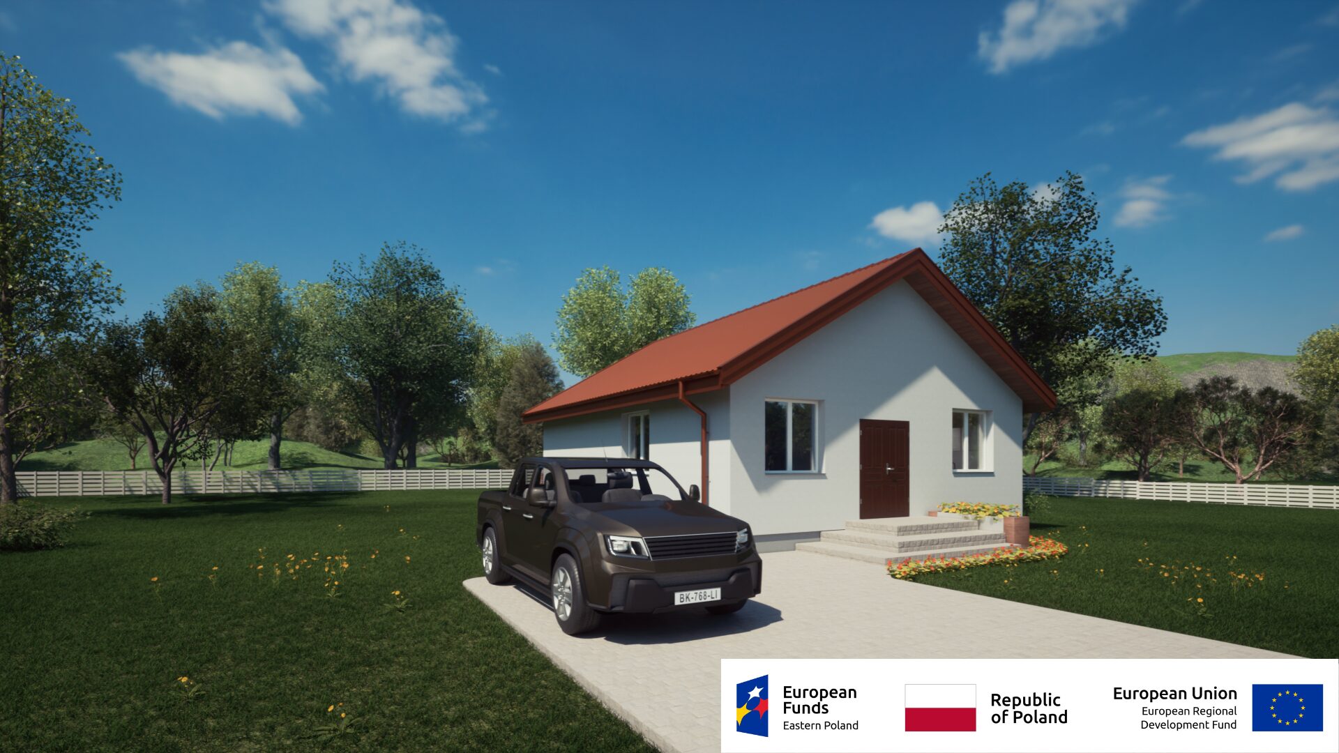Dom jednorodzinny z czerwonym dachem i zaparkowanym samochodem w zielonej okolicy, współfinansowany przez fundusze europejskie.