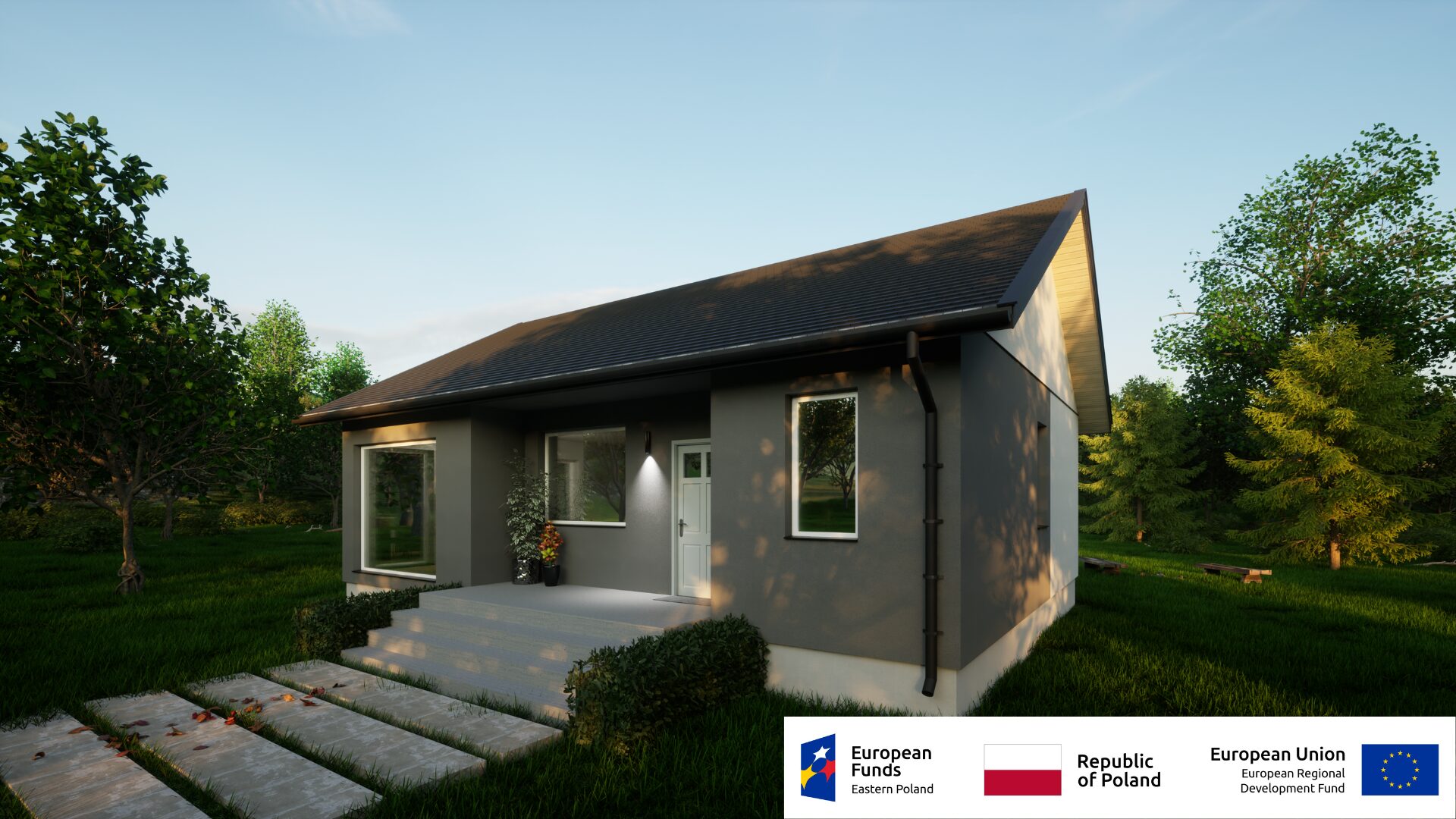 Ein kleines, modernes Haus in grüner Umgebung, finanziert mit europäischen und polnischen Mitteln.