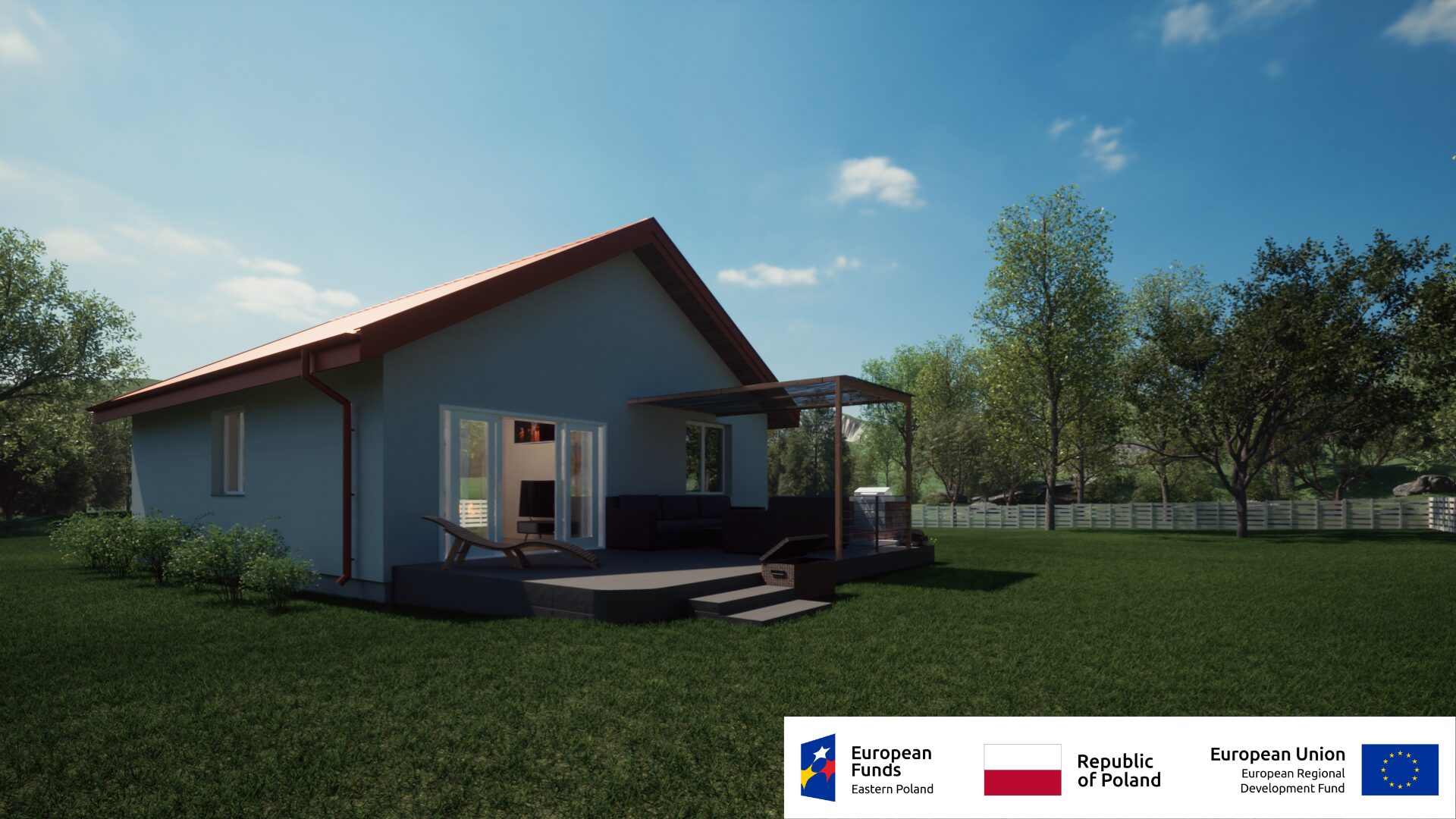 Nowoczesny dom na wsi, otoczony zielenią. Widoczne loga unijne i polskie. Projekt współfinansowany z funduszy europejskich.