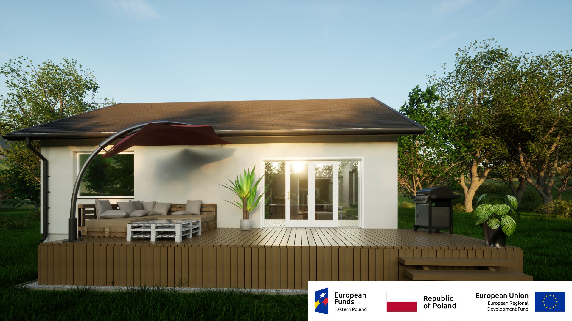 Moderne Terrasse mit Holzmöbeln und einem großen Sonnenschirm, umgeben von Grünflächen, Partner: Europäische Fonds, Polen, EU.